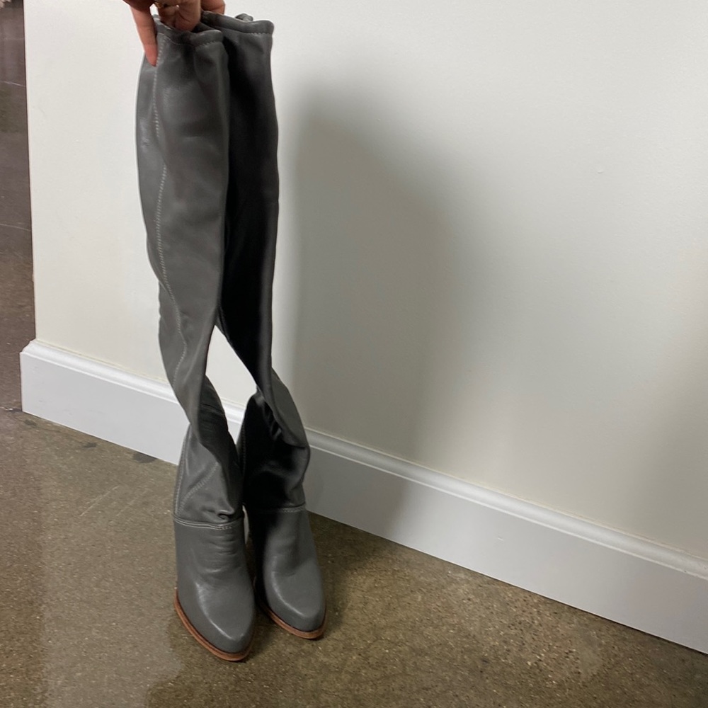 Gorgeous custom made zodiac thigh high grey leather boots